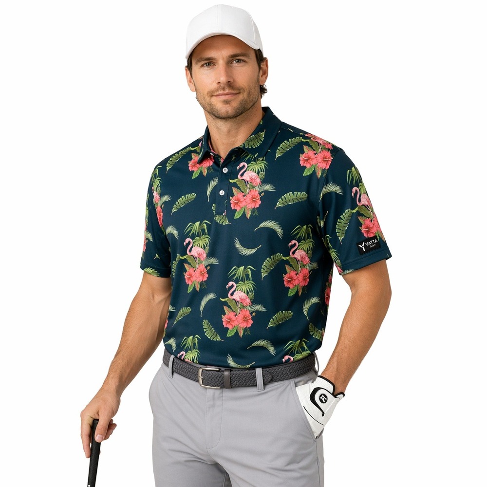 Yatta Golf Mens XL Performance Polo Shirt Flamingo Tropical Floral Navy Blue XL‎